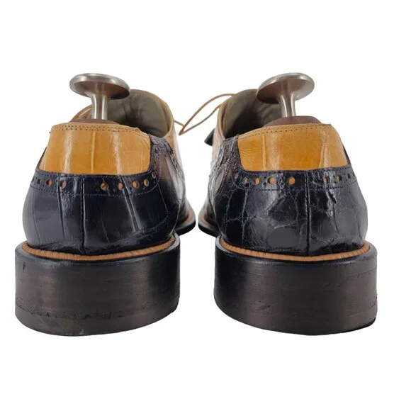 Mauri Vintage Alligator Exotic Mens 12M Honey Tan Navy Blue Dress Shoes Italy - Picture 3 of 10